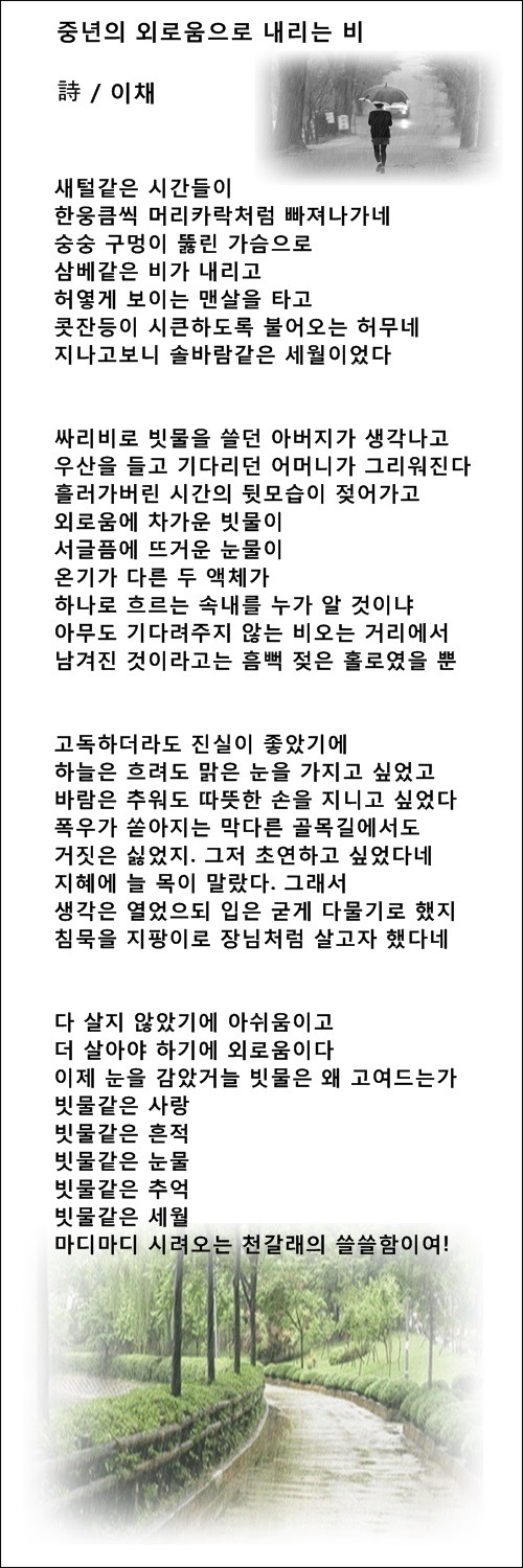 비가 오면 중년의 가슴에도 비가 내리네, 등 중년 비에 관한 시 7편/ 이채시인